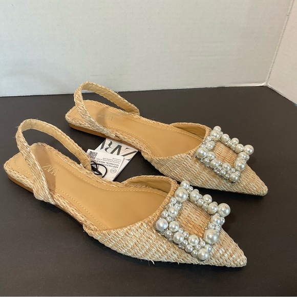 ZARA NWT beige raffia flats with pearl and rhinestone detail 2531/910 size 5 - Picture 7 of 12